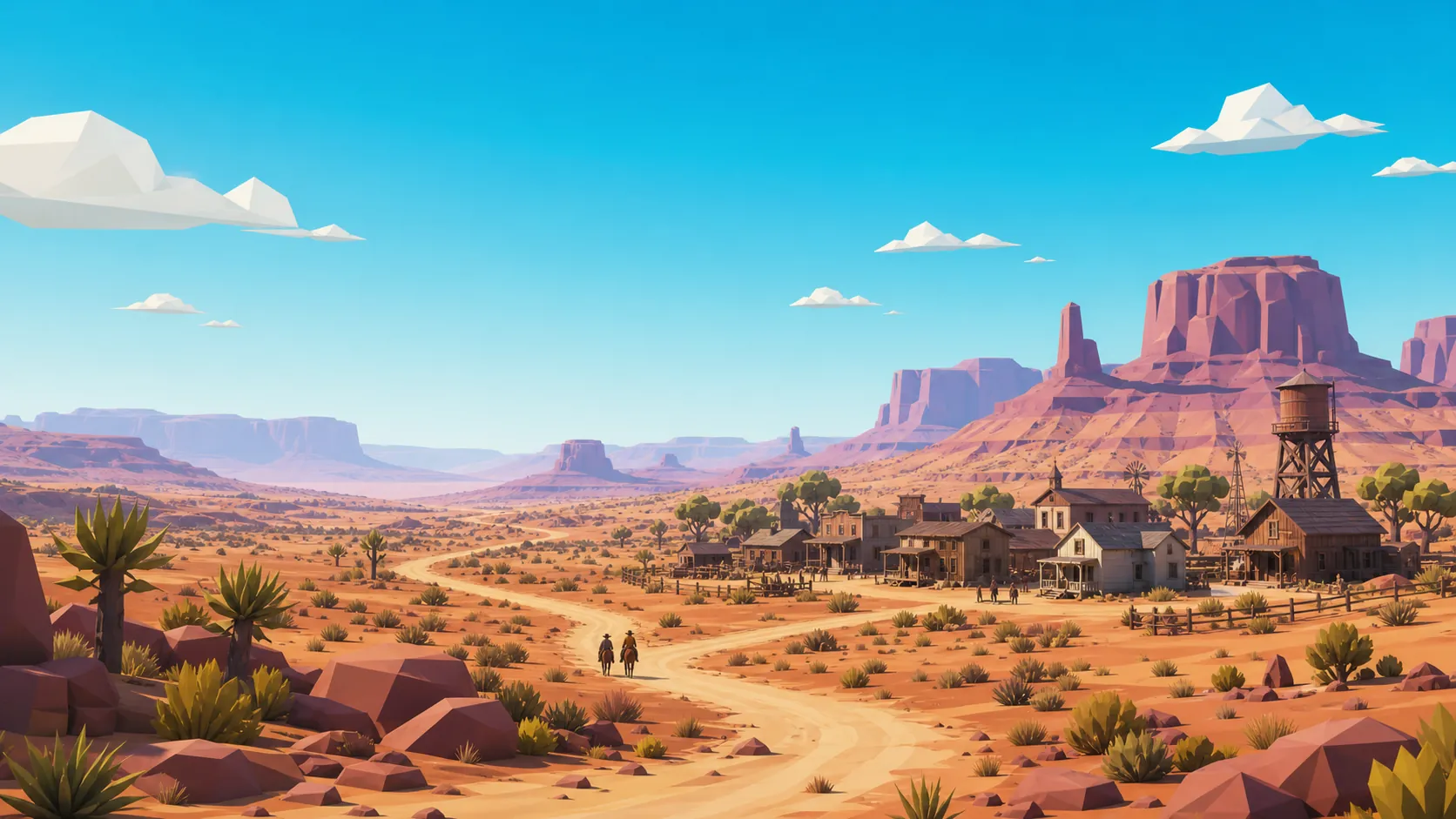 A sunlit low-poly view across the Hesperia frontier