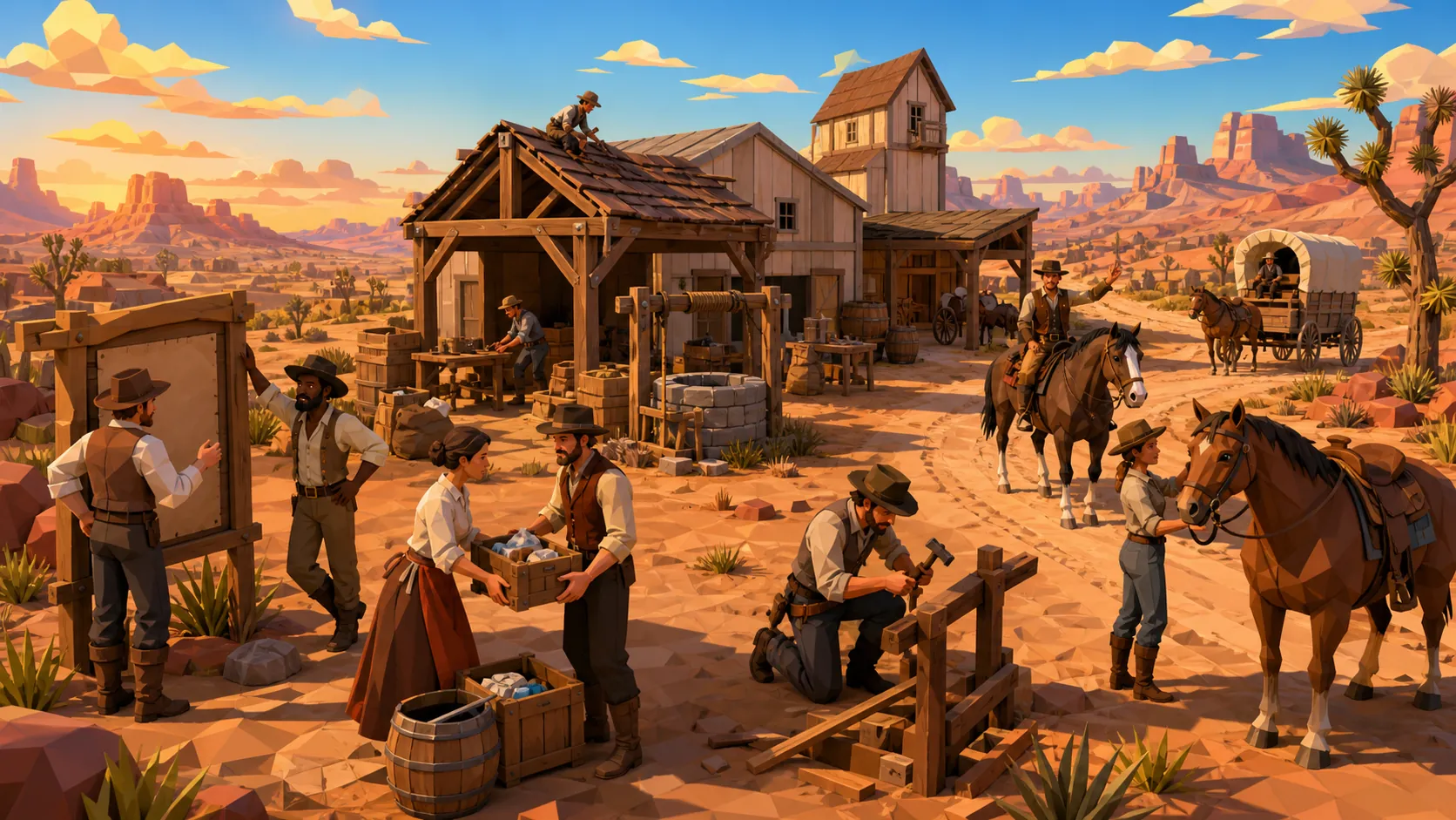 Characters talk, share supplies, repair structures, and welcome travelers in a growing frontier settlement.